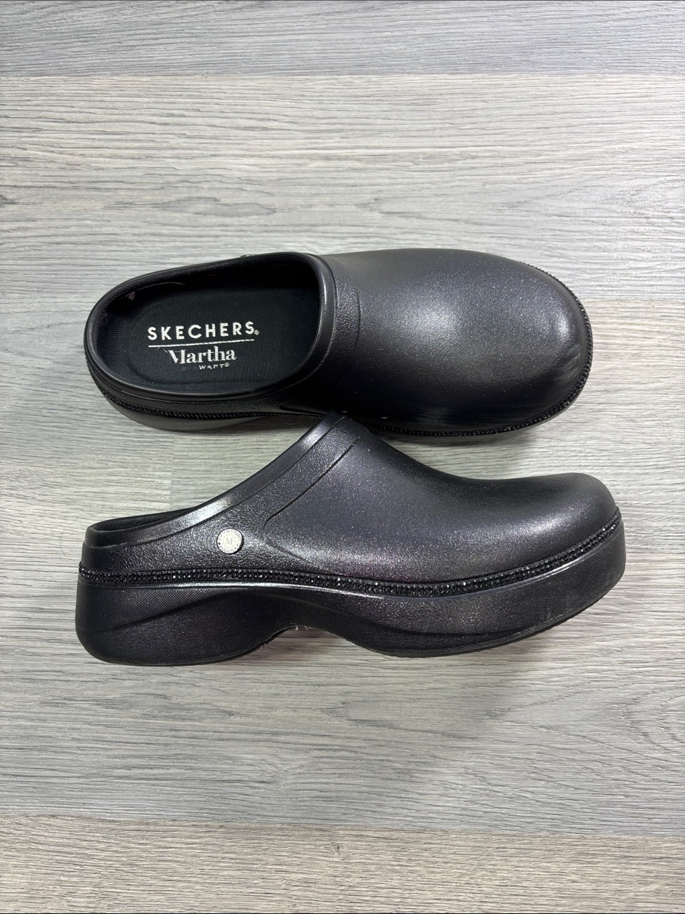 Skechers Martha Stewart Black Slip-On Clogs Rhinestone Sparkle Trim - size 8